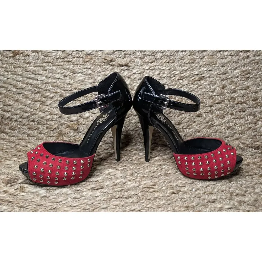 Rock & Republic Shoes Size 7.5 Med Black Red Studded Platform High Heels Suede